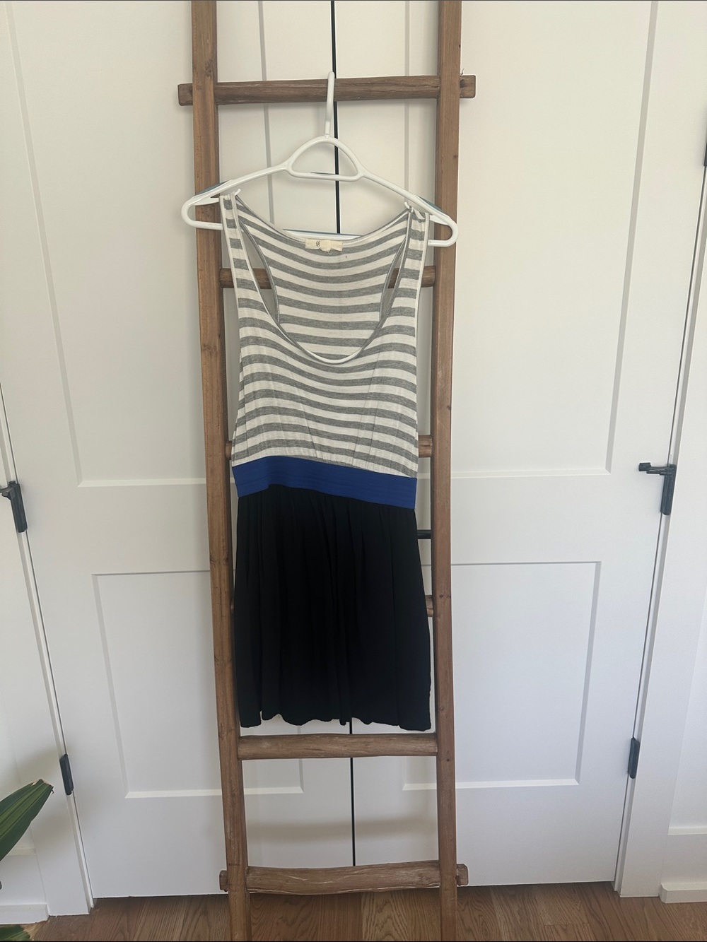 Striped Tank Top Dress with Blue Waistband and Black Skirt